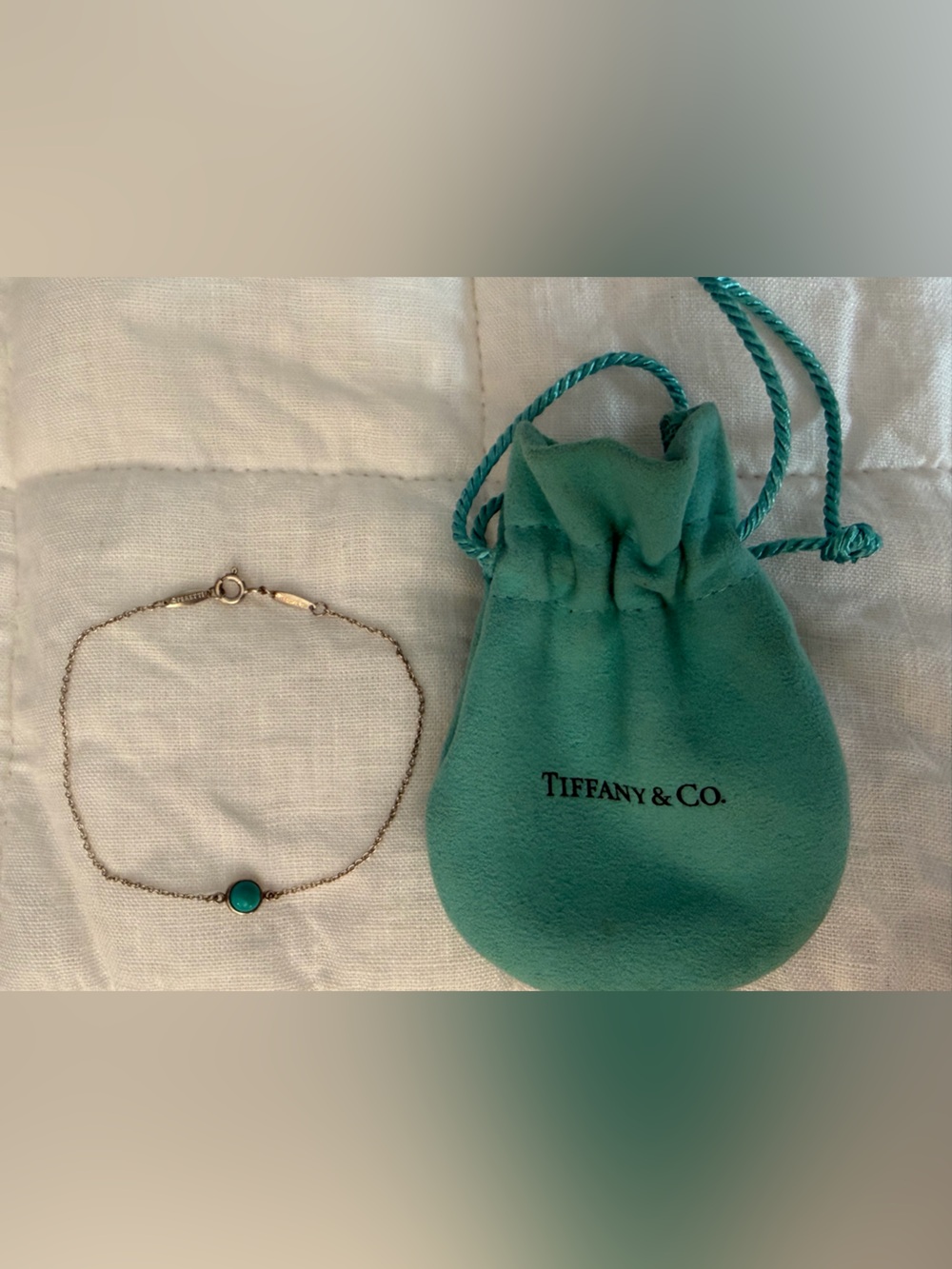 Tiffany & Co. Silver Chain Bracelet with Turquoise Stone and Aqua Pouch